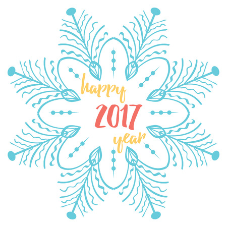 Happy New Year 2017 greeting card. Vector winter holidays backgrounds with hand lettering calligraphic, decorative big snowflake on the white.のイラスト素材