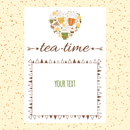 Cafe menu template design with shape of heart full of tea elements: cups, mugs, lemon, cupcake. Banner pattern for restaurant of cafe for tea time with hand drawn frame. Brush frame included.のイラスト素材