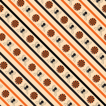 Halloween diagonal backgrounds. Seamless pattern in the traditional holiday colors decorated with spiders and candy. Black and orange. Texture can be used for wallpaper, pattern fills, web page, background.のイラスト素材