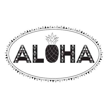 Lettering design Aloha and pineapple vector illustration into black frame. Print element on white background.のイラスト素材