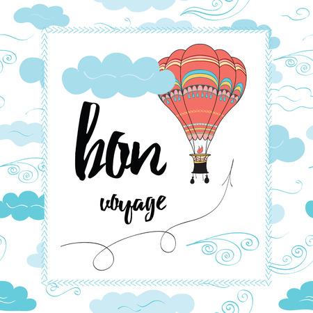 Travel typography banner with Hot Air Ballon and inspirational quote Bon Voyage on the cloudy background. Poster made on cartoon hand drawn style. Vector print.のイラスト素材