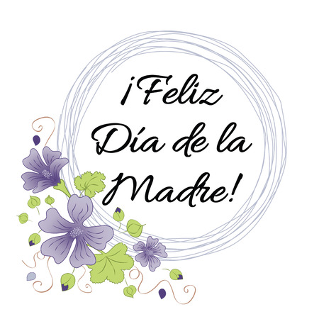 Mother Day greeting card. Romantic wreath decorated flowers. Lettering title in Spanishのイラスト素材