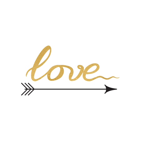 Vector sign with sparkle inspirational hand drawn love quote 'Love' decorated arrow made on romantic typography style in gold and black colors.のイラスト素材
