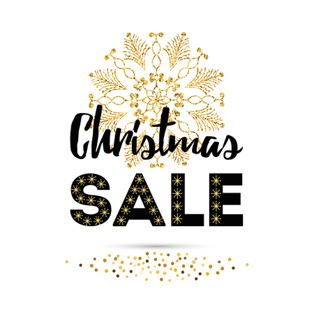 Vector Xmas banner Christmas Sale design template in golden confetti and snowflakeのイラスト素材
