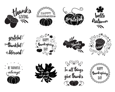 Vector set of Thanksgiving wishes overlays, lettering labels design set with pumpkin, leaf, oak, maple, quotesのイラスト素材