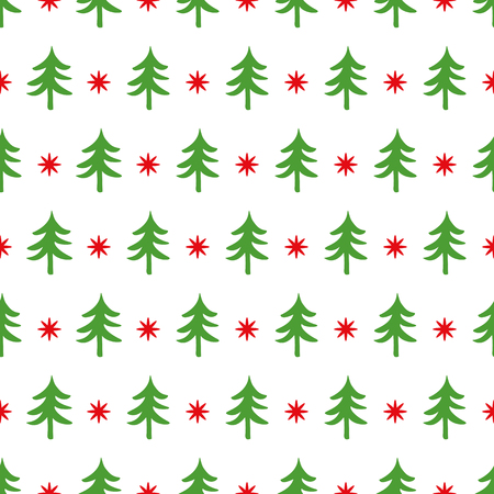 Classic retro seamless Christmas pattern with tree, sbowflake for wrap gift. Traditional green, red color. New Year background decorated snowflakes, Christmas tree. Vector winter design for wallpaper.のイラスト素材
