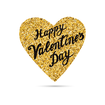 Hand drawn modern gold sparkle heart shape, text Happe Valentines dayのイラスト素材