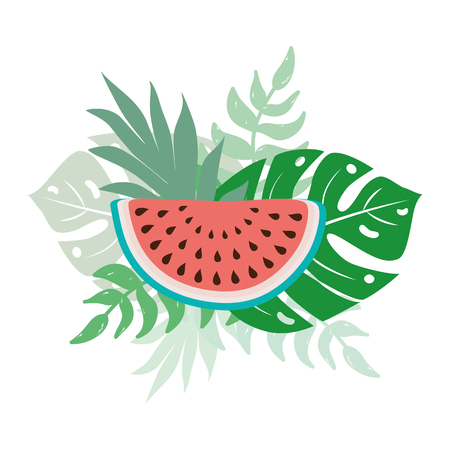 Summer print with watermelon, monstera tropical leaves cocktail text cute hand drawn bannerのイラスト素材