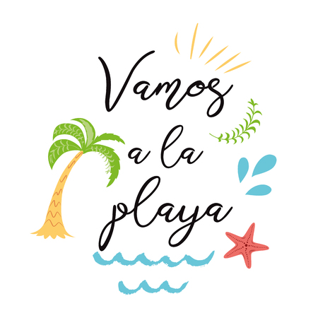 Go to the beach. Modern calligraphic T-shirt design with sea star arrow Sumer vacation print label poster text in Spanishのイラスト素材