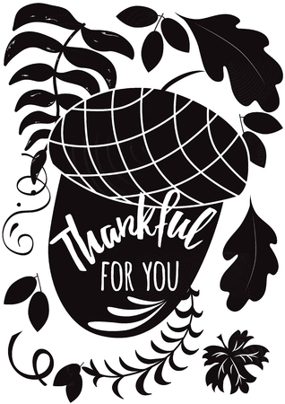 Vector hand drawn black acorn n and thanksgiving inspirational quote on white background Fall labelのイラスト素材