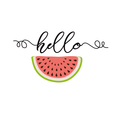 Text Hello Hand drawn cute summer watermelon Welcome greeting card template banner label logo signのイラスト素材