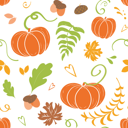 Autumn background. Seamless pattern of falling colorful maple leaves pumpkin Handd rawn designのイラスト素材