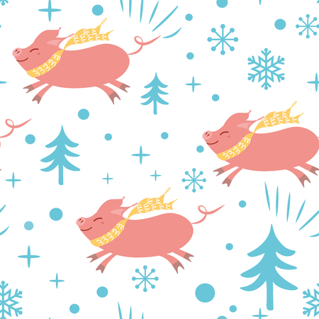 Seamless Christmas pattern with cute cartoon pig snowflakes blue pink colors Vector illustration Cute New year backround wallpaper wrap cover 2019 yearのイラスト素材