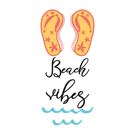 Beach Vibes Modern typography quote design with flip flops waves Summer vacation print phrase poster textのイラスト素材