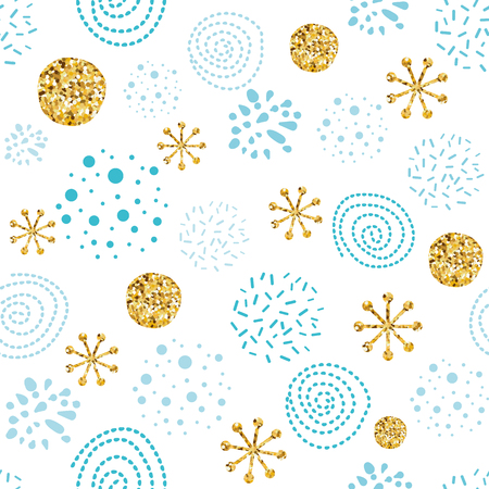 Chistmas seamless pattern with glitter golden snowflakes snowballs New Year background in gold blue colors make from hand drawn circle elements Vector illustration for winter wallpaper gifts paper.のイラスト素材
