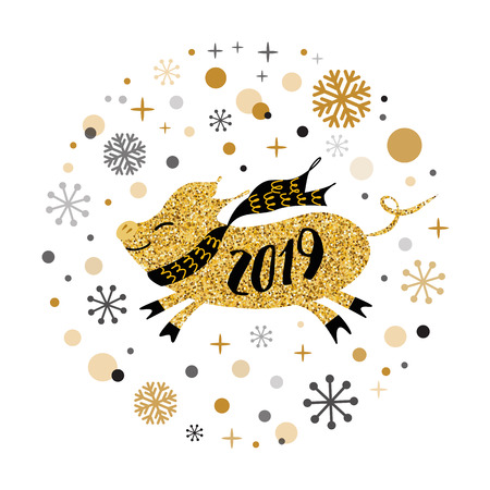 Merry Christmas and Happy New Year 2019 golden pig, gold snowflakes stars banner on white New Year design template with yellow pig for east calendar Cute sign postcard poster Vector illustrationのイラスト素材