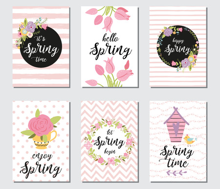 Spring card set with spring quotes, calligraphy, flowers, wreath. Vector banner templates.のイラスト素材