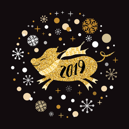 Merry Christmas and Happy New Year 2019 golden pig, gold snowflakes stars banner on white New Year design template with yellow pig for east calendar Cute sign postcard poster Vector illustrationのイラスト素材