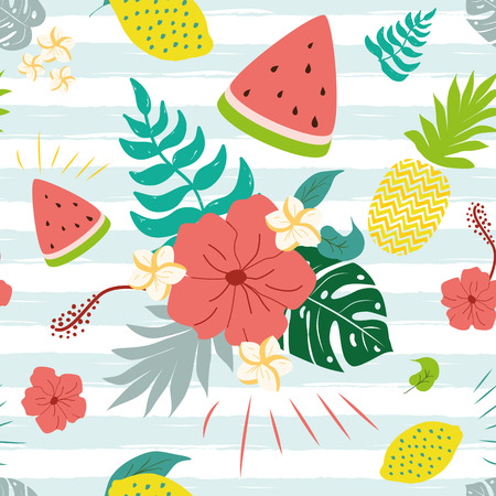 Flowers paradise pattern Vector seamless jungle flowers plants fruits watermelon pineapple monstera hibiscus on striped bluw wjhite background Tropical banner Summer textile cloth design Illustration.のイラスト素材