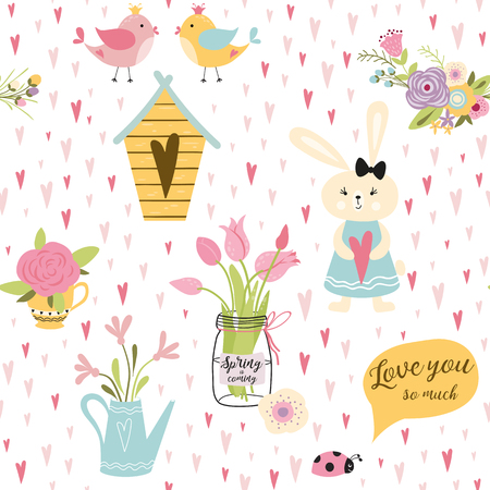 Lovely rabbits in hearts flowers. Cute childish seamless pattern in cartoon style. Seamless pattern can be used for wallpapers pattern fills web page backgrounds surface textures Vector illustration.のイラスト素材