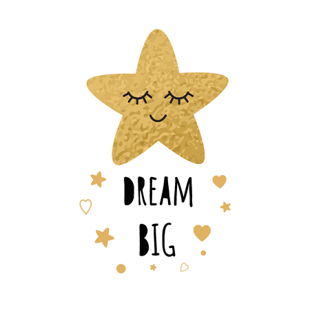 Poster for baby room with text Dream big for decorated cute hand drawn gold cartoon sleeping star. Positive phrase for baby shower design card banner cloth Childish golden vector illustration.のイラスト素材