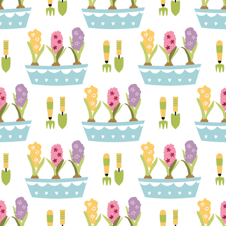 Hand drawn cute spring seamless pattern. Illustration with garden tools pots leaves hyacinths flowers Gardening banner Nature design for textile prints. Color vector background, spring theme.のイラスト素材