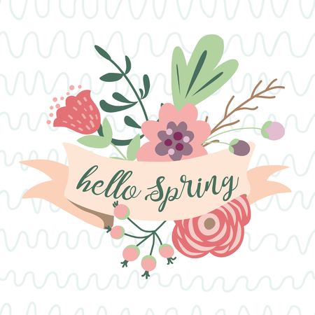 Hello Spring romantic text on pastel ribbon decorated cute hand drawn flowers Graphic print retro style for Happy Spring season invitation print poster banner Typography lettering Vector illustration.のイラスト素材