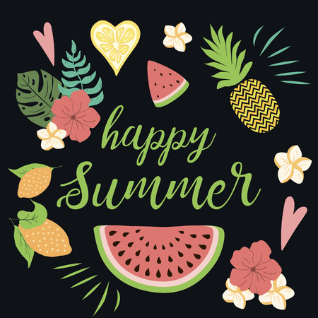 Happy summer Poster with watermelon, monstera tropical leaves pineapple fruits on blackのイラスト素材