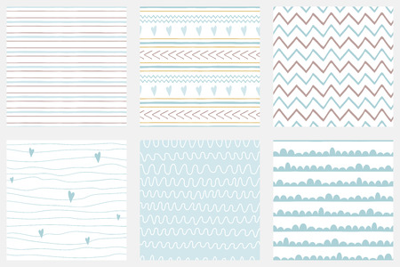 Baby boy shower blue collection Hand drawn seamless pattern set Blue simple textures background fabric cloth Stripes lines zig zag stroke irregular graphic childish design Cute vector illustration.のイラスト素材