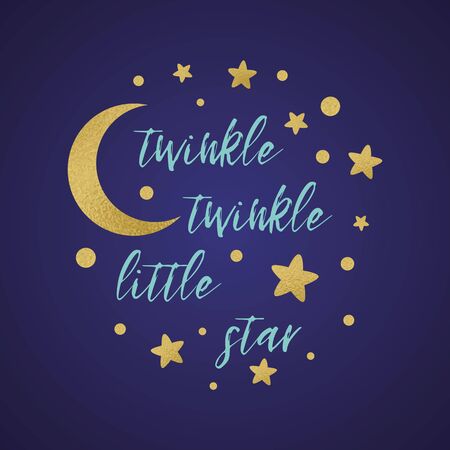 Twinkle twinkle little star text with cute gold star and moon for girl baby shower card template Vector illustration. Banner for children birthday design, logo, label, sign, print. Inspirational quoteのイラスト素材