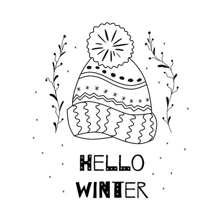 Hello winter text knitted woolen cap Sketched Christmas time element Chopping conceptのイラスト素材