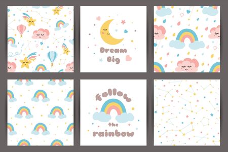 Cute kids background set in cartoon style Dream big Rainbows smiling clouds stars pattern Cards quoteのイラスト素材