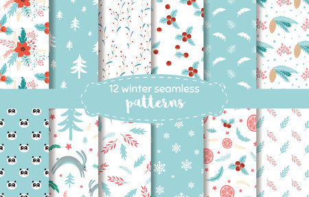 Christmas plant pattern. Blue winter time seamless backgrounds. Endless texture for wallpaper, web...