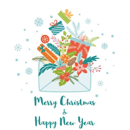 Merry Christmas decorative card banner full of Santa presents gifts Cute concept Santa letter Vectorのイラスト素材