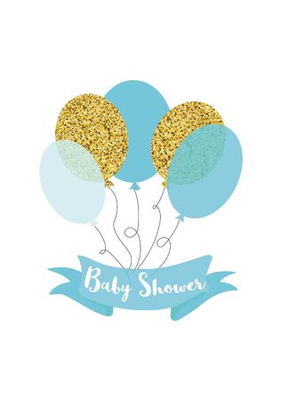 Glittering baby shower card template with golden glitter blue balloon Baby boy element isolated on white Blue ribbon Text baby shower Vector illustration.の写真素材