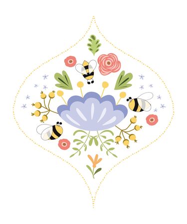 Damask flower label design bee Concept for organic natural products, package design Flower herbs badge Vectorのイラスト素材