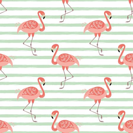 Pink flamingo seamless pattern on green striped background Tropical cute print Summer hawaii exotic designのイラスト素材