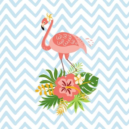 Pink flamingo, hawaii tropical leaves bouquet on geometric lines zigzag background.のイラスト素材