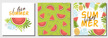Watermelon summer set Cute creative cards templates with watermelon. Green watermelon seamless...