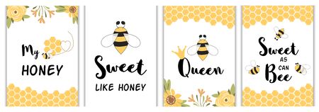 Love quotes poster Funny phrases set. Yellow honey bee cards, prints. Sweet honey love messages for baby Vectorのイラスト素材