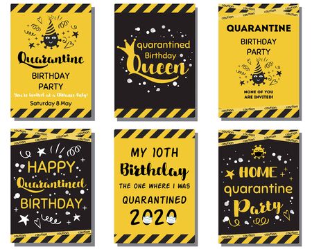 Quarantine Birthday set Home party invitation. Yellow black Birthday cards. Funny wishes for coronavirus. Home online party banner, poster. Birth template for virtual party.のイラスト素材