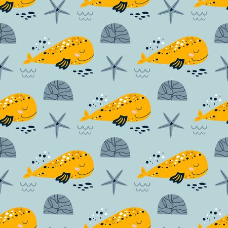Whale repeat background Super cute whale seamless pattern for baby print Sea kids fabric design, fun fish, grey kids nautical pattern. Under sea wallpaper textile. Aquatic vector cartoon illustration.のイラスト素材