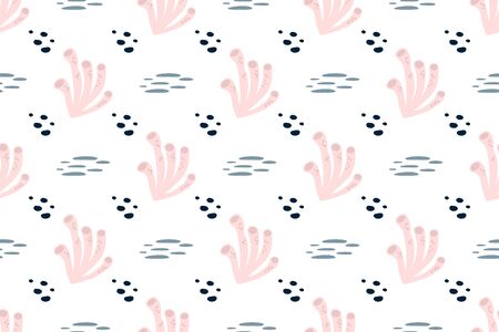 Pink coral pattern Seamless sea background. Cute summer ocean vector print. Delicate red white blue pattern. Sweet baby girl sea graphic design for textile, wrap, cloth nautical seamless illistration.のイラスト素材