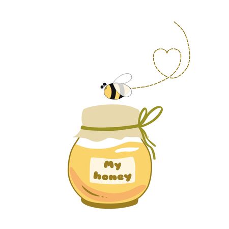 Honey jar  . Flaying bee. Cute yellow Honey pot. Bee Text My honey Icon sticker  Hand drawn varieties beekeeping element isolated on white. Cartoon yellow illustration.の写真素材