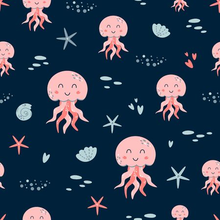 Pink jellyfish pattern on dark blue background. Summer girls nautical seamless pattern. Cute sea background. Sea animal medusa seastar, seashell. Baby kids textile, baby clothing. Vector illustration.のイラスト素材
