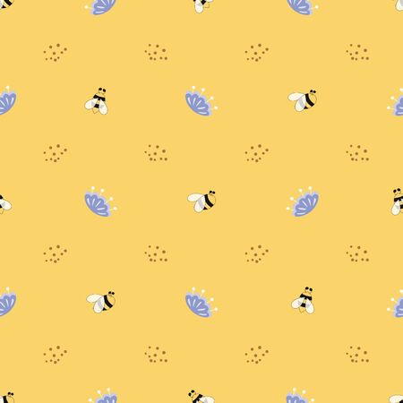Yellow pattern Flowers insects background Cute simple texture Bee flowers Paper textile seamless designの写真素材