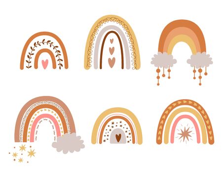 Kids boho rainbows set. Cute pastel rainbows pastel. Hand drawn nursery collection elements. Doodle illustration for baby shower invite birthday, kids party, summer holiday, clothing prints. Vector.のイラスト素材