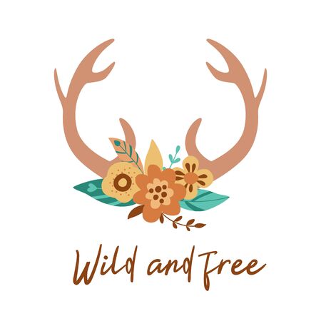 Boho horns Cute floral horns feathers. Hand drawn vintage deer horns decorated with flowers, leavesのイラスト素材