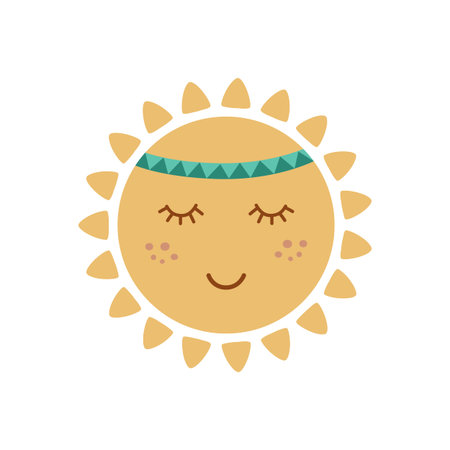 Cute sun with face in tribal boho styel. Graphic element for kids design. Smiling sun. Summer vector concept.のイラスト素材