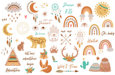 Tribal kids set elements. Boho teepee, rainbow, arrow, moon, sun, boho animals, dream catcher deer horns baby collectionの写真素材